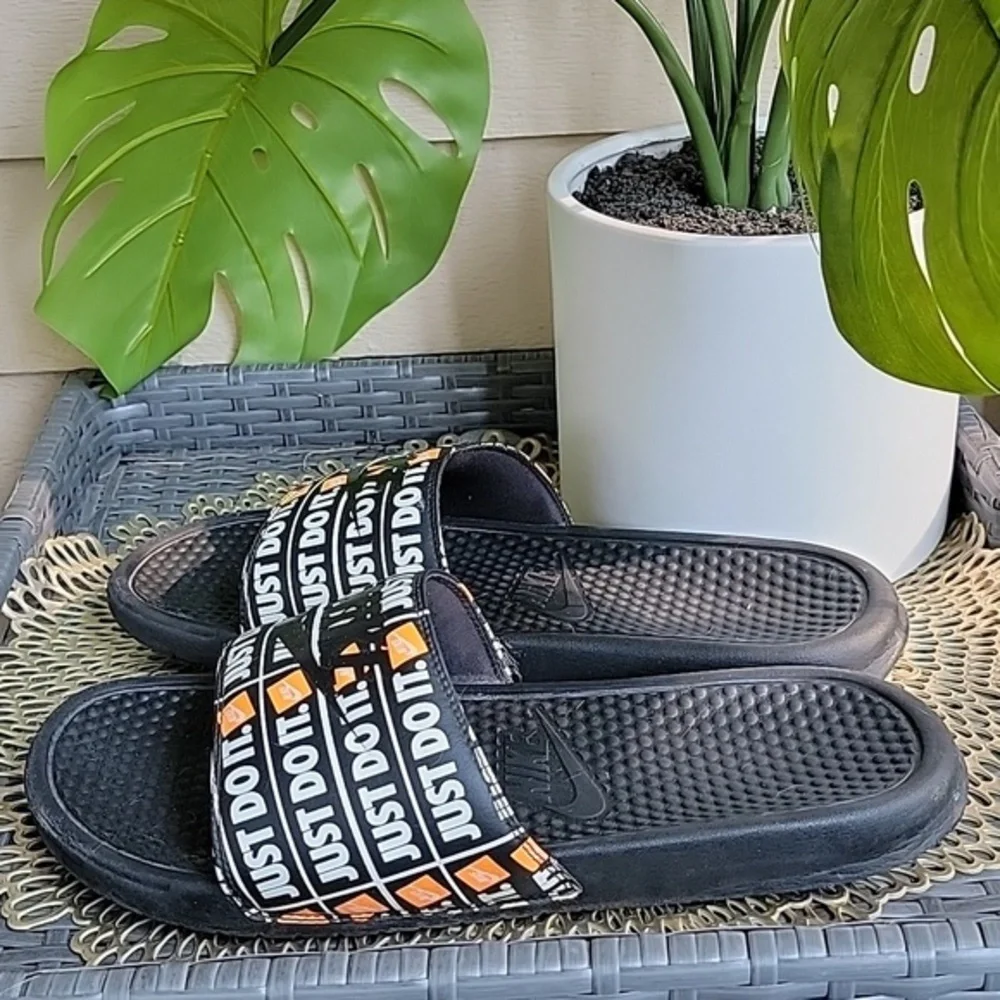 Nike Mens Benassi Just Do It Slide Flat Sandals Black White Orange Size 13
